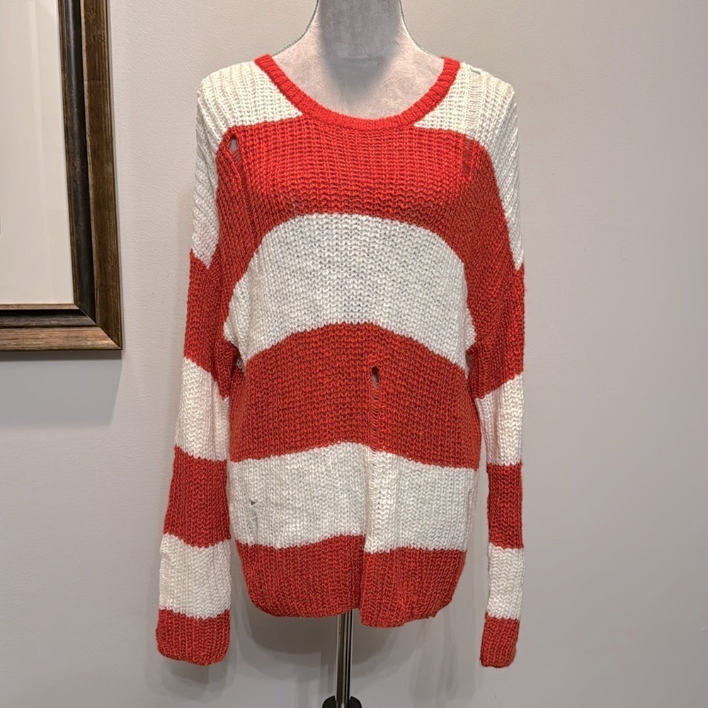 Cotton emporium soft distressed orange stripped crew sweater NWOT L